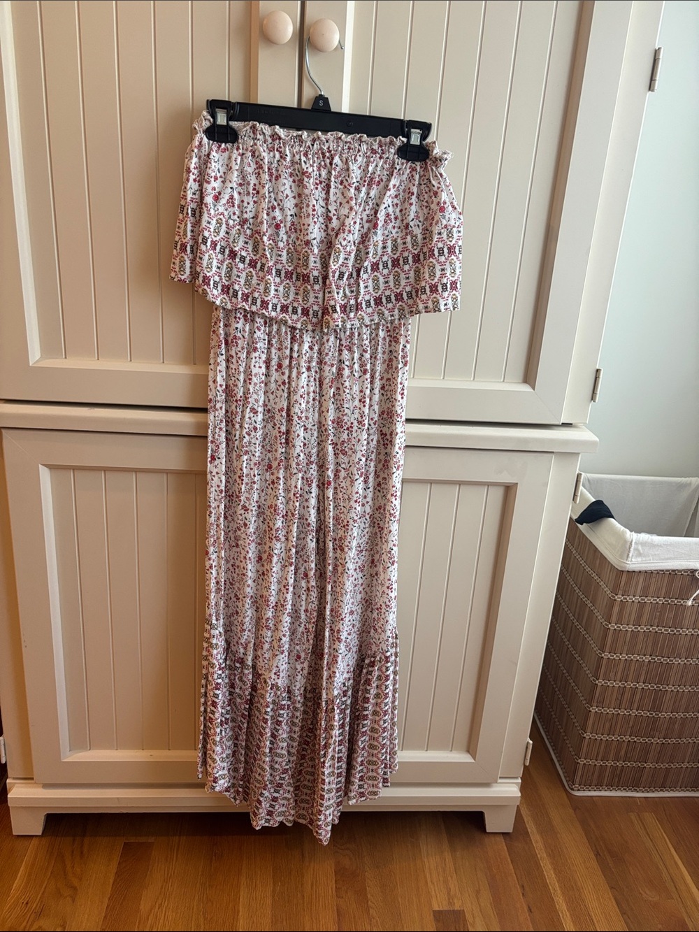 Floral Strapless Jumpsuit in Cream and Pink with Fun Flowy Pant Bottoms